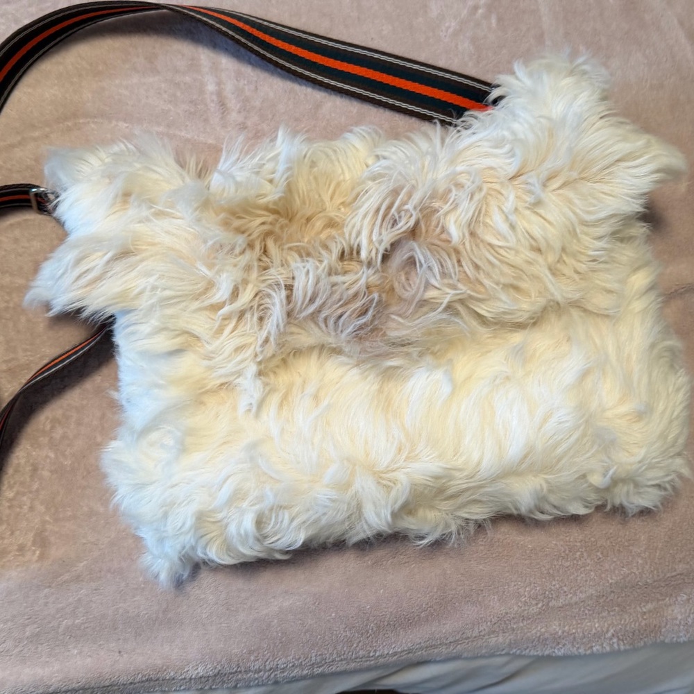 Fur Shearling Shoulder Bag - Cream with adjustable strap